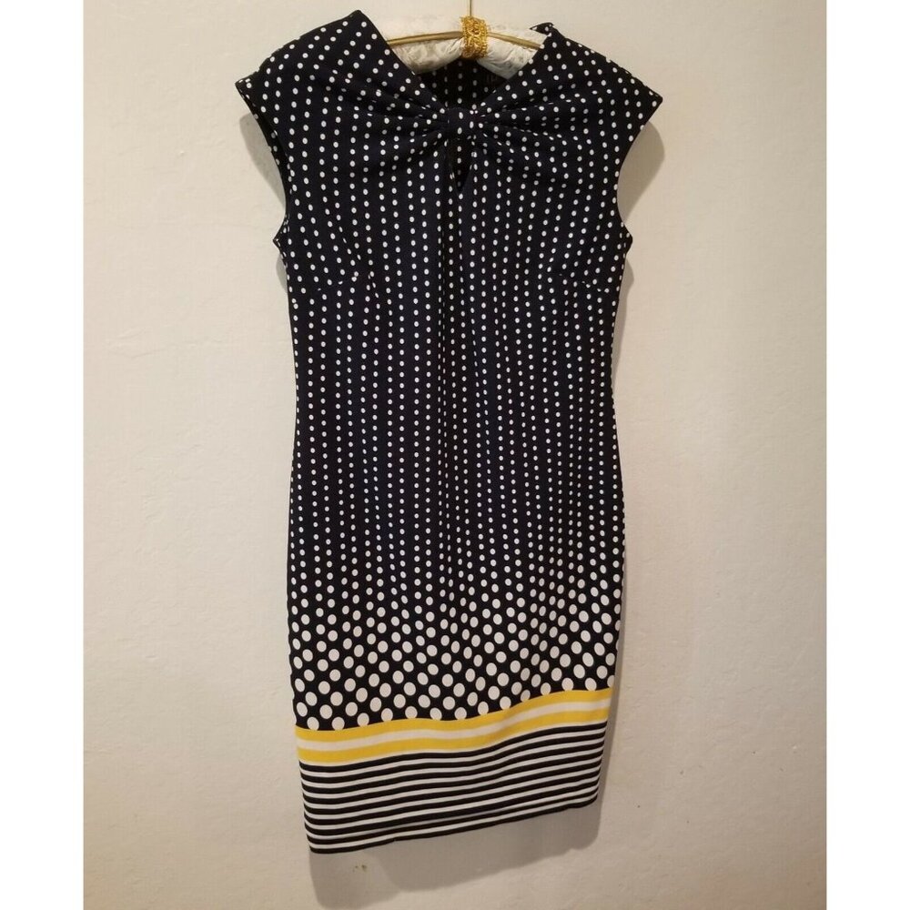 I Le New York Womens Sz 8 Polka Dot Black Pencil Dress Keyhole Pleated Back Zip